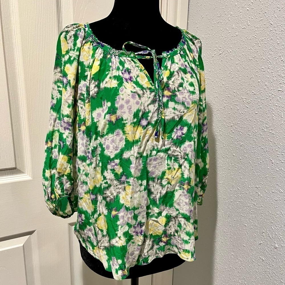 Rebecca Taylor 100% Silk Blouse garden Floral Print Green Yellow Sz 2 coquette